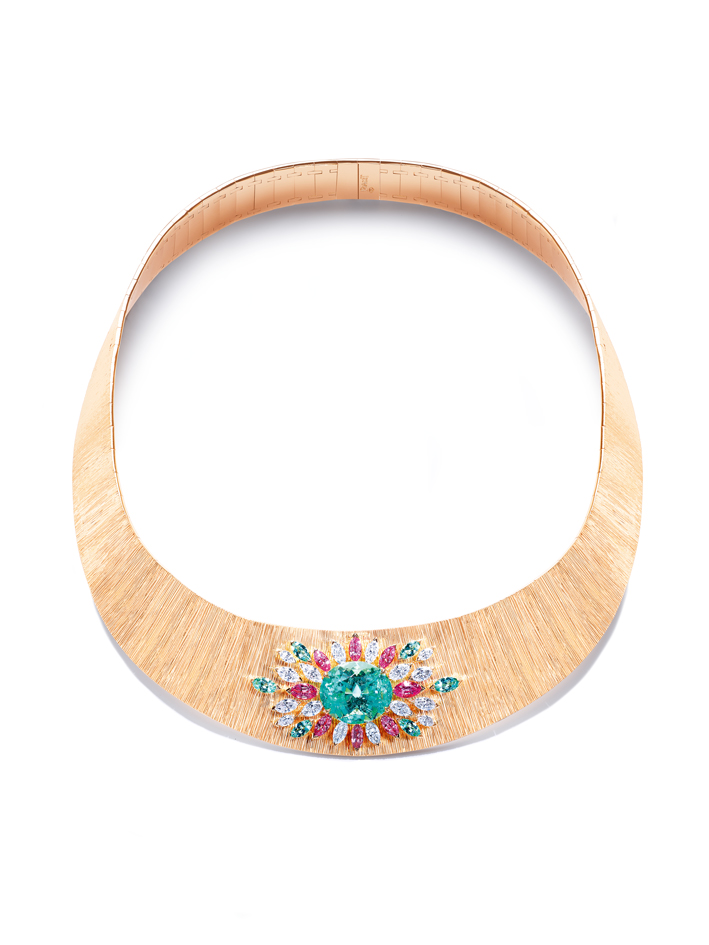 18K pink gold necklace set with Paraiba tourmaline, marquise-cut dimonds, pink sapphires and blue tourmalines