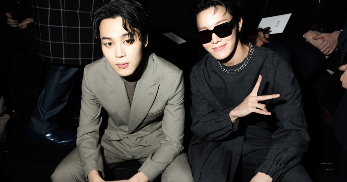 Jimin and J-Hope attend the Dior Homme Menswear Fall-Winter 2023-2024 show as part of Paris Fashion Week on January 20, 2023 in Paris, France.