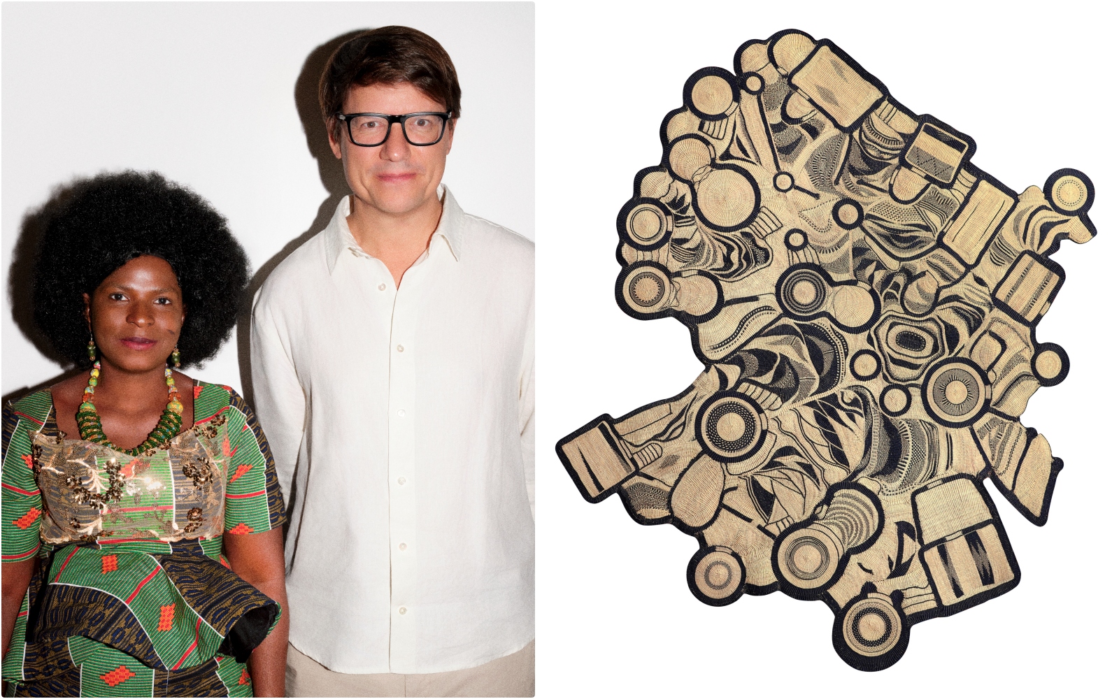 Spanish designer Álvaro Catalán de Ocón (right) with Mary Anaba from the Baba Tree Master Weavers in Ghana. Right: "Frafra Tapestry (2024)".